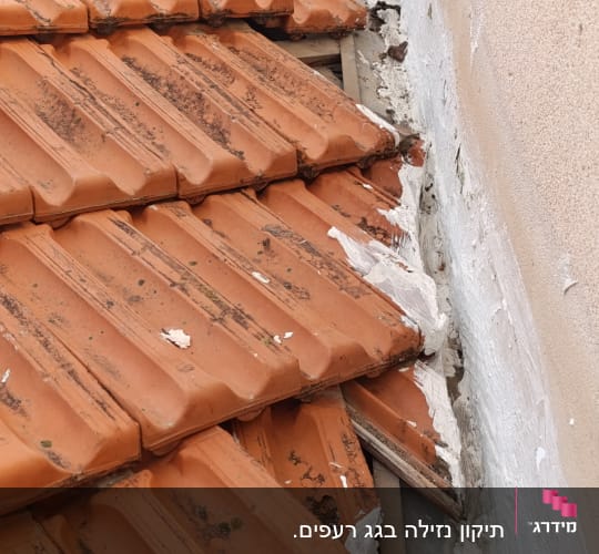 רעפים כתומים על גג עם קיר לבן מתקלף